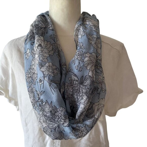 Floral Blue White Oblong Scarf Lace Trim Lightweight Long Wrap Hijab Bloomcore - Picture 1 of 13